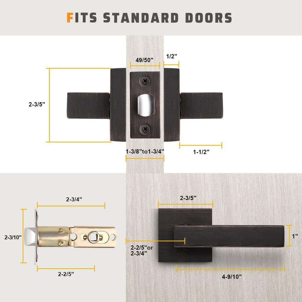 KNOBWELL 4 Pack Passage Door Handle Interior, Oil Rubbed Bronze Door Handles for Closet/Hallway Without Lock, Pull Only Square Door Knob with Levers