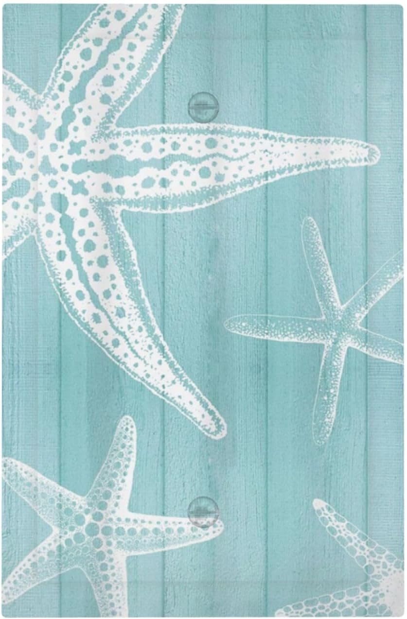 Decorative Light Switch Cover Plate Starfish Teal Wood Board Nautical 1 Gang No Device Single Blank Outlet Covers Wall Plates for Electrical Outlets Faceplate for Bedroom Home Decor