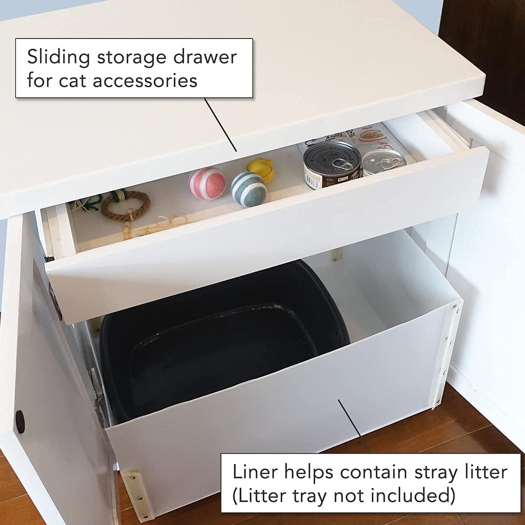 THE REFINED FELINE Cat Litter Box Enclosure Cabinet, Cottage, White, Tulip Feet, XLarge, Hidden Litter Cat Furniture with Drawer