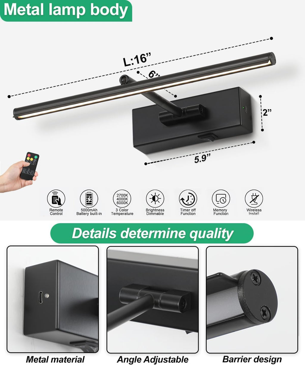 Battery Operated Picture Light with Wireless Remote 3CCT Dimmable Black Wall Art Lights for Paintings 3 Colors Rechargeable home decor Gallery Light 16’‘ Artwork Lighting for Canvas Timer Function