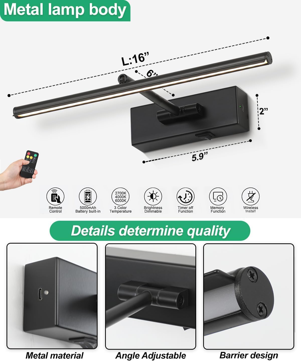 Battery Operated Picture Light with Wireless Remote 3CCT Dimmable Black Wall Art Lights for Paintings 3 Colors Rechargeable home decor Gallery Light 16’‘ Artwork Lighting for Canvas Timer Function