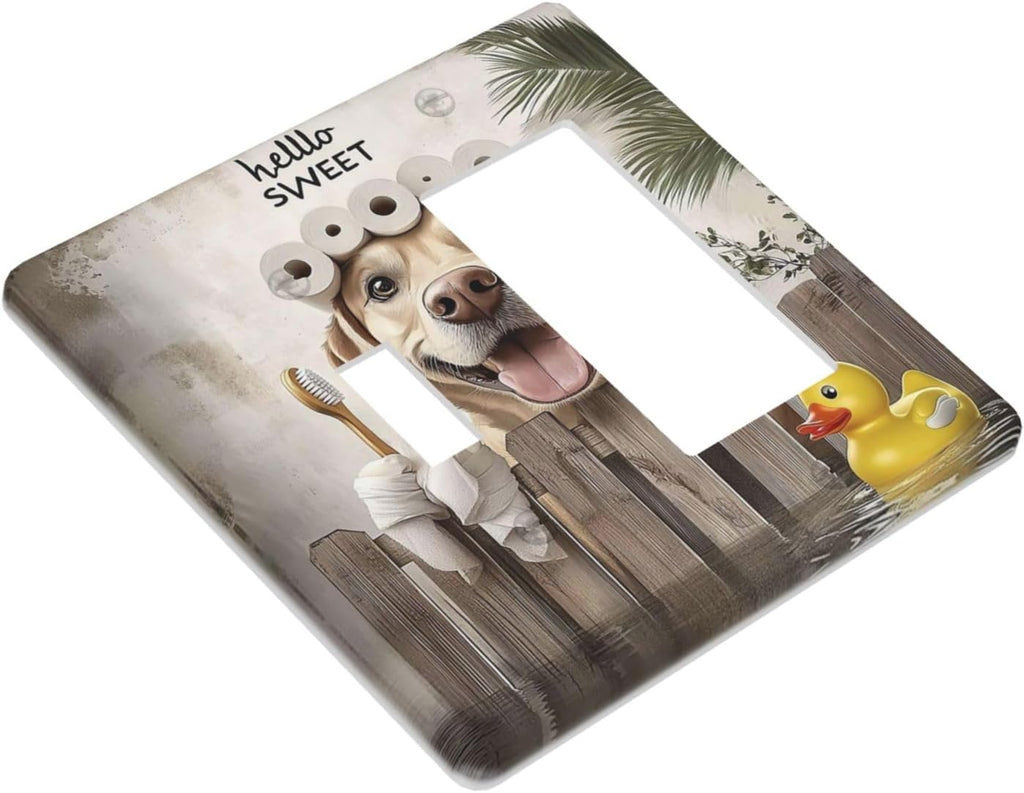 Funny Dog Rustic Farmhouse Wooden Fence Labrador Outlet Covers 1 Toggle 1 Rocker Combination Decorative Wall Plate Electrical Switch Plates Light Switch Cover Plate For Kids Room Bathroom Decor