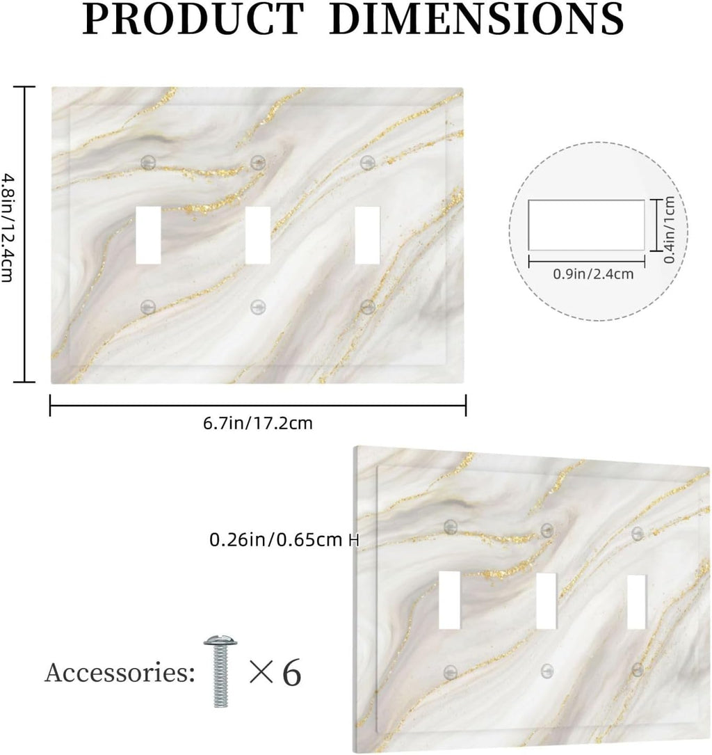White Grey Gold Marble Simple Tiles Decorative Switch Plates 3 Gang Wall Plate Triple Toggle Light Switch Cover Faceplate Electrical Wall Panels for Bathroom Kitchen Decor