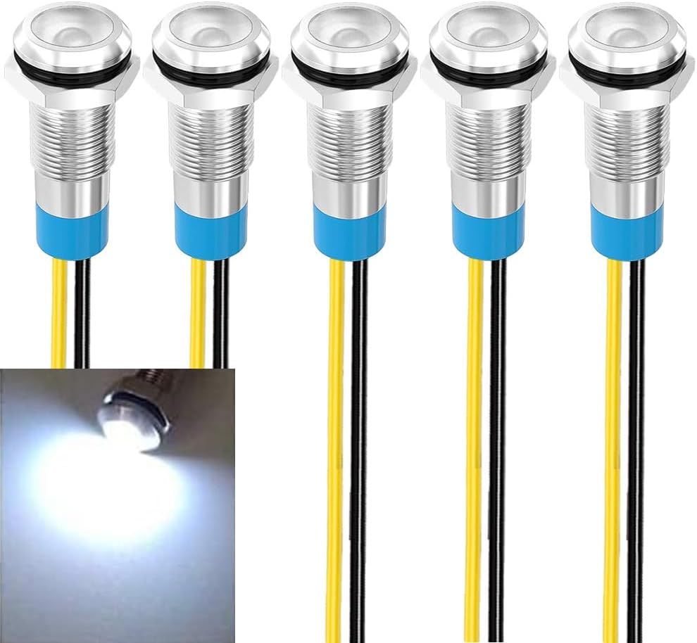 5pcs 8mm LED Metal Indicator Light 110V-220VAC Waterproof Signal Lamp (White)