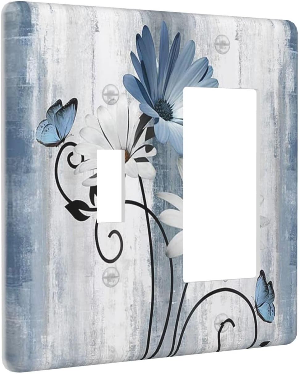 Decorative Outlet Covers Rustic Blue White Daisy Ink Flower 2 Gang Light Switch Cover Plate Single Toggle 1 Rocker Wall Plates for Electrical Outlets Switch Plate Covers for Bedroom Home Decor