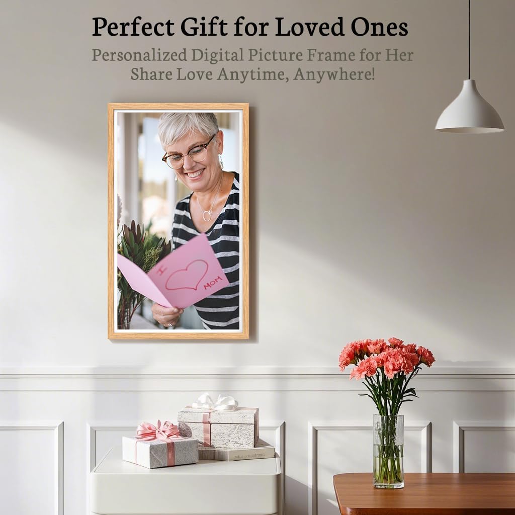 BSIMB 32 Inch Large Digital Picture Frame, Touchscreen 64GB 1920x1080 WiFi Photo Frame Electronic Display Remote Control, Share Pictures/Videos via Free App/USB/SD Easy Setup Gifts for Mom, Light Wood