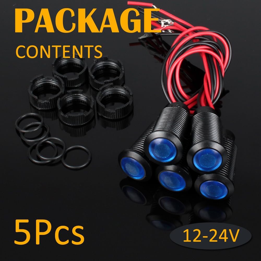 5pcs 12mm 12V-24V LED Indicator Light Plastic Black Signal Dot Lamp 1/2 inches Mounting Hole Size with 15cm/5.9in. Wire (Blue LED)