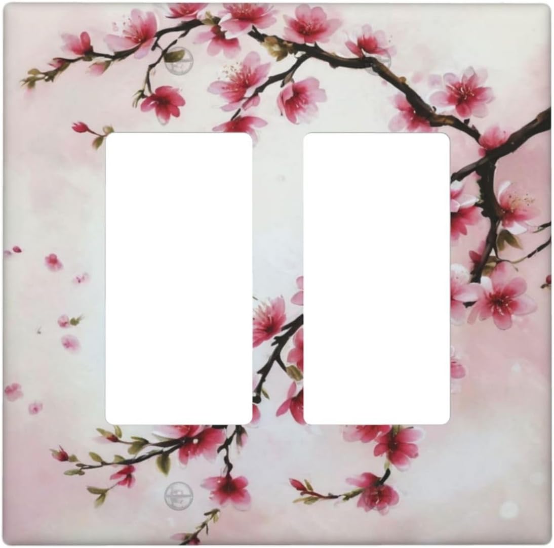 Branch with Pink Flowers Dual Outlet Covers Wall Plate 2 Gang Rocker Decora Decorative Switchplate Electrical Faceplate GFCI Light Switch Covers for Farmhouse Living Decor