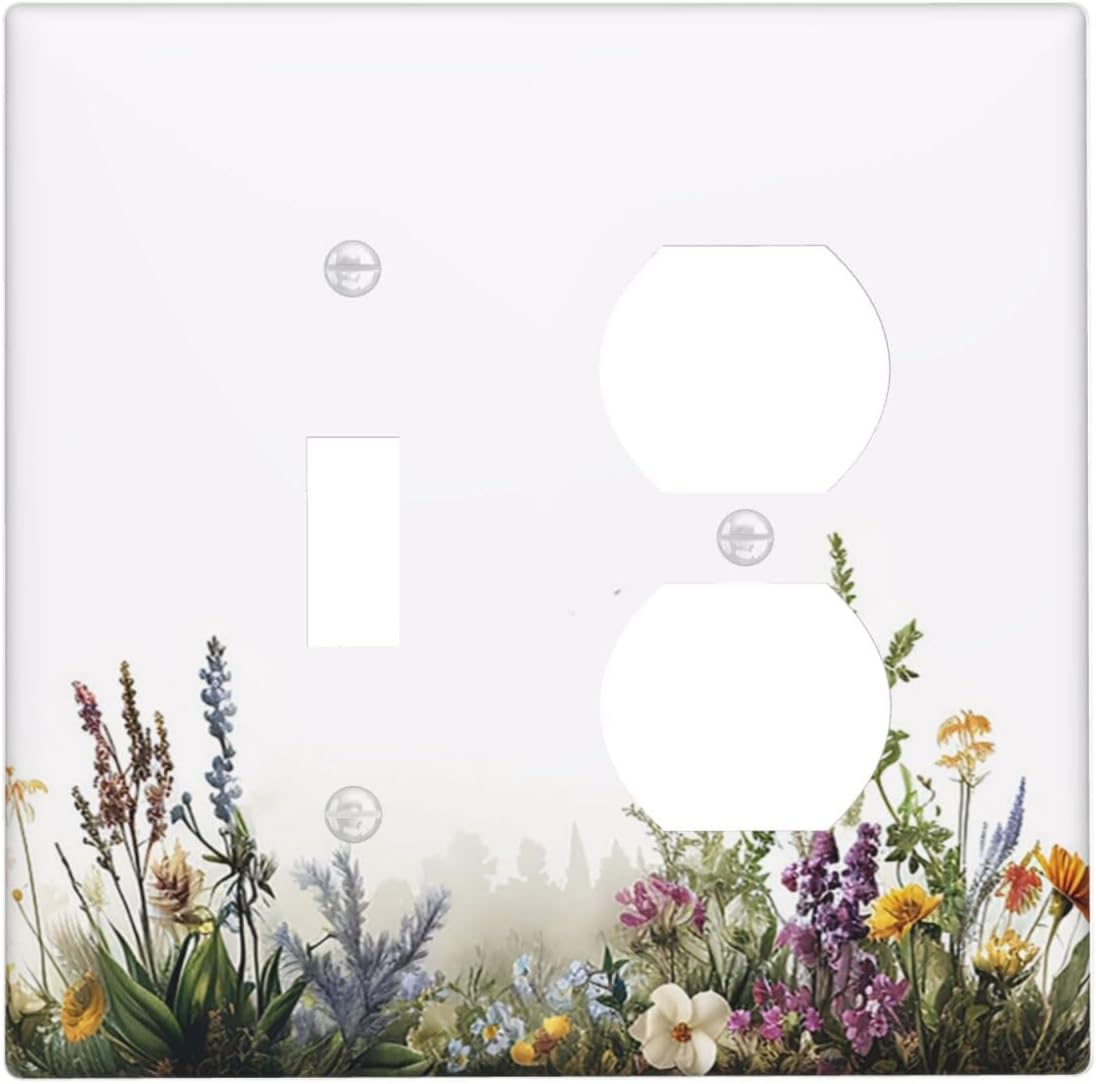 Outlet Covers White Background Colorful Flowers Plants Green Leaves 1 Toggle 1 Duplex Switch Plate Covers Electrical Light Switch Cover Plate Decorative Wall Plate Socket Cover for Bedroom Home Decor