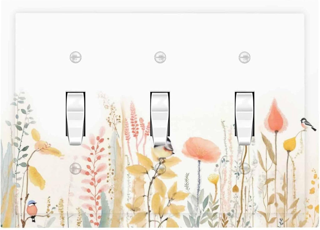 Decorative Switch Plates Colorful Floral Watercolour Cuddly Bird 3 Gang Wall Plate Triple Toggle Light Switch Cover Faceplate Electrical Wall Panels For Bed Room Living Room Decor
