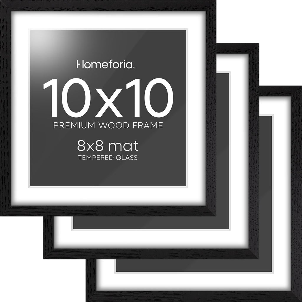 Homeforia 10x10 Picture Frame Black Wood, High-End Oak 10 x 10 Square Frames with Mat 8 by 8 Photo, 10by10 Wooden Frame Matted to 8x8 Print, Wall or Tabletop Frames, Tempered Glass, Wall Kit, Set of 3