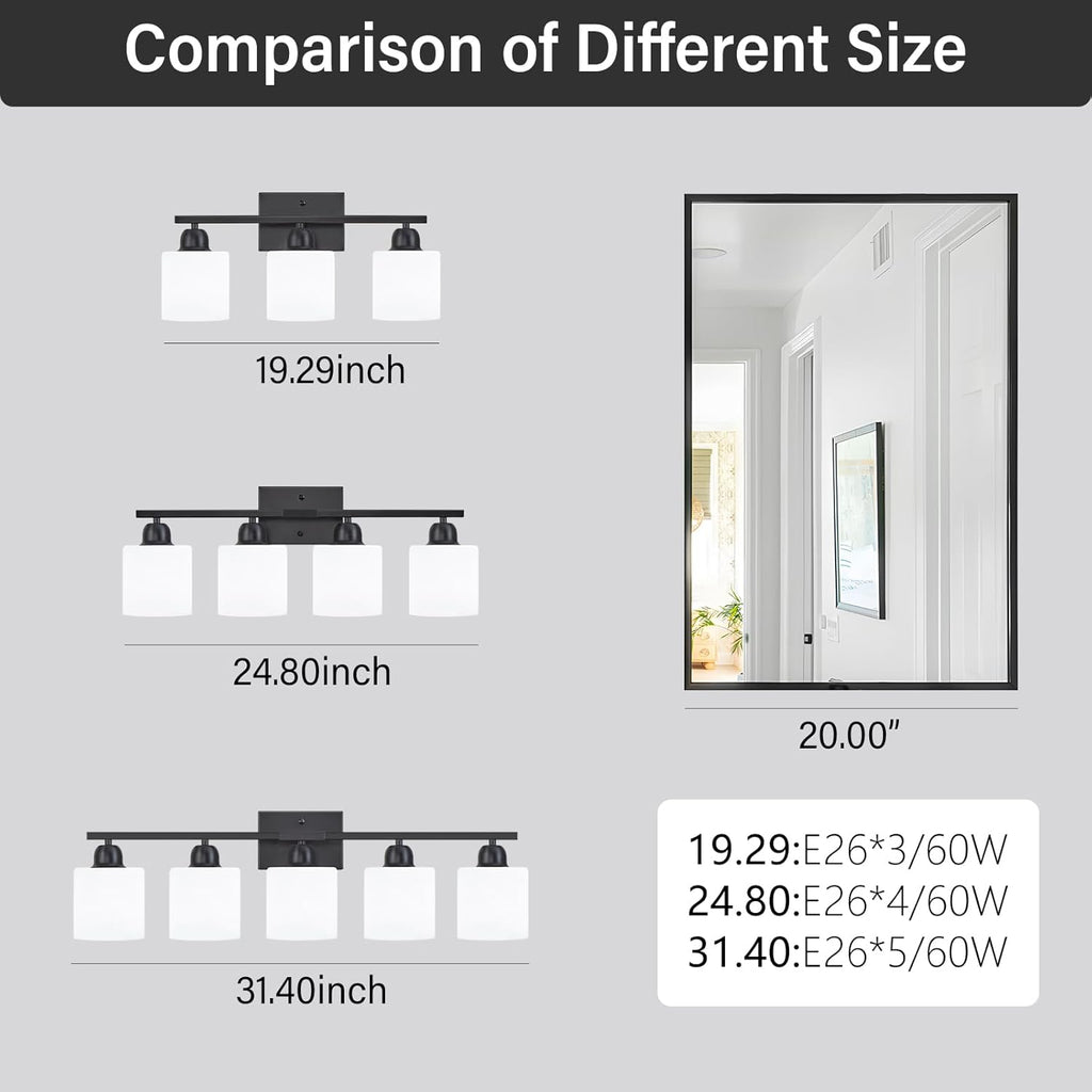 5-Light Black Bathroom Vanity Light, Black Vanity Light with Milky White Frosted Glass Shades, Modern Vanity Light Fixture for Bathroom Mirror, Bedroom, Living Room, Hallway, Vanity Table, E26 Base
