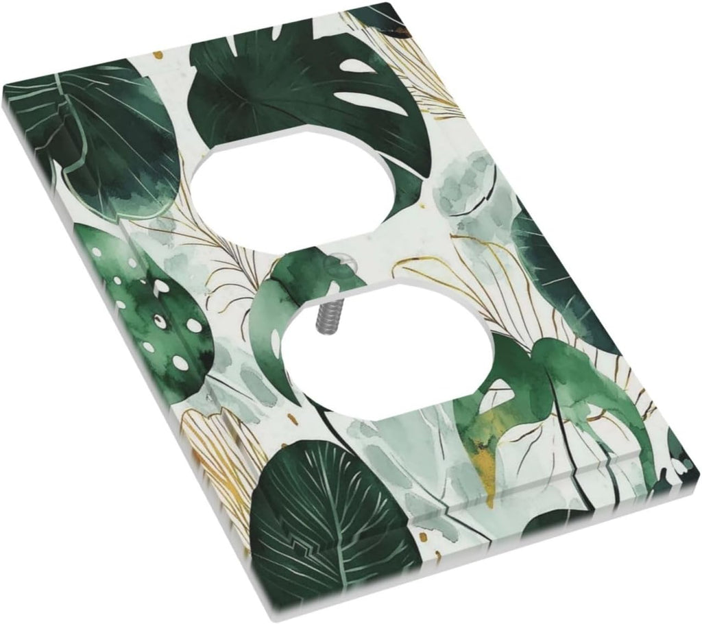 Boho Tropical Green Leaf Watercolor Banana Leaves Outlet Covers 1 Gang Duplex Light Switch Cover Decorative Switch Plates Electrical Receptacle Faceplate Wall Plate For Bed Room Living Room Decor