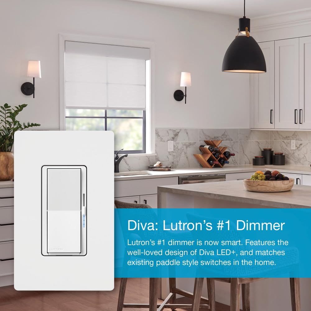Lutron Diva Smart Dimmer Light Switch for Caseta Lighting (Lutron Smart Hub Required), for LED Lights, 150W, Single-Pole/3-Way, No Neutral, Light Almond (DVRF-6L-LA)