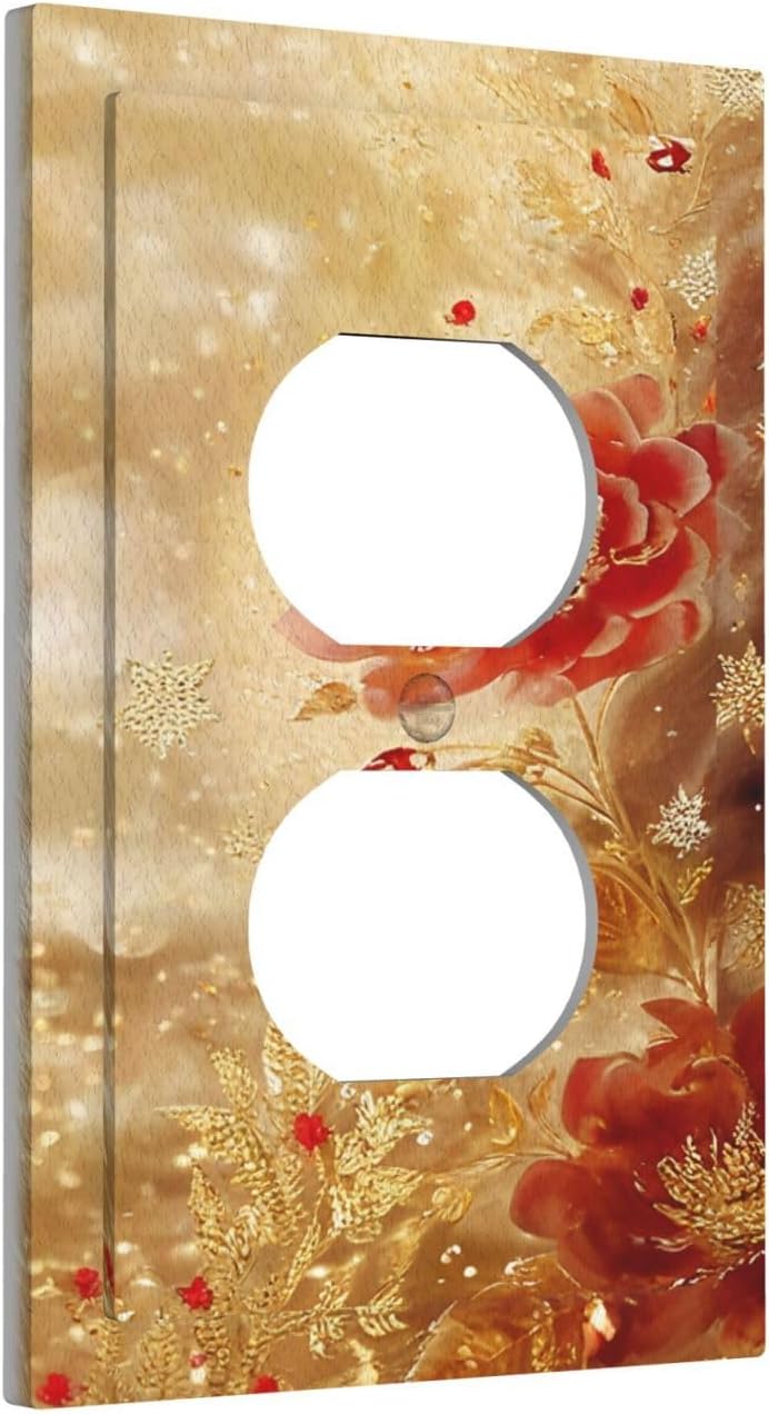 Decorative Outlet Covers Golden Leaf Red Peony Flowers Floral 1 Gang Duplex Light Switch Cover Plate Wall Plates for Electrical Outlets Switchplate Faceplate for Home Decor