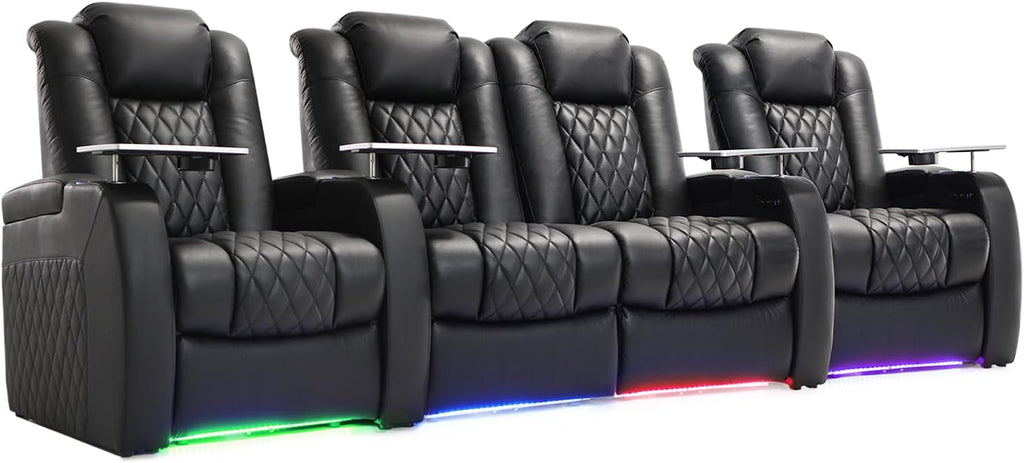 Weilianda Home Theater Seating Top Grain Leather Zero Gravity Recliner Chair Power Headrest Recline Movie Seat Gaming 7 Colors Mood Light Sofa with Tray Table USB Charge Row of 4 Loveseat Middle Black