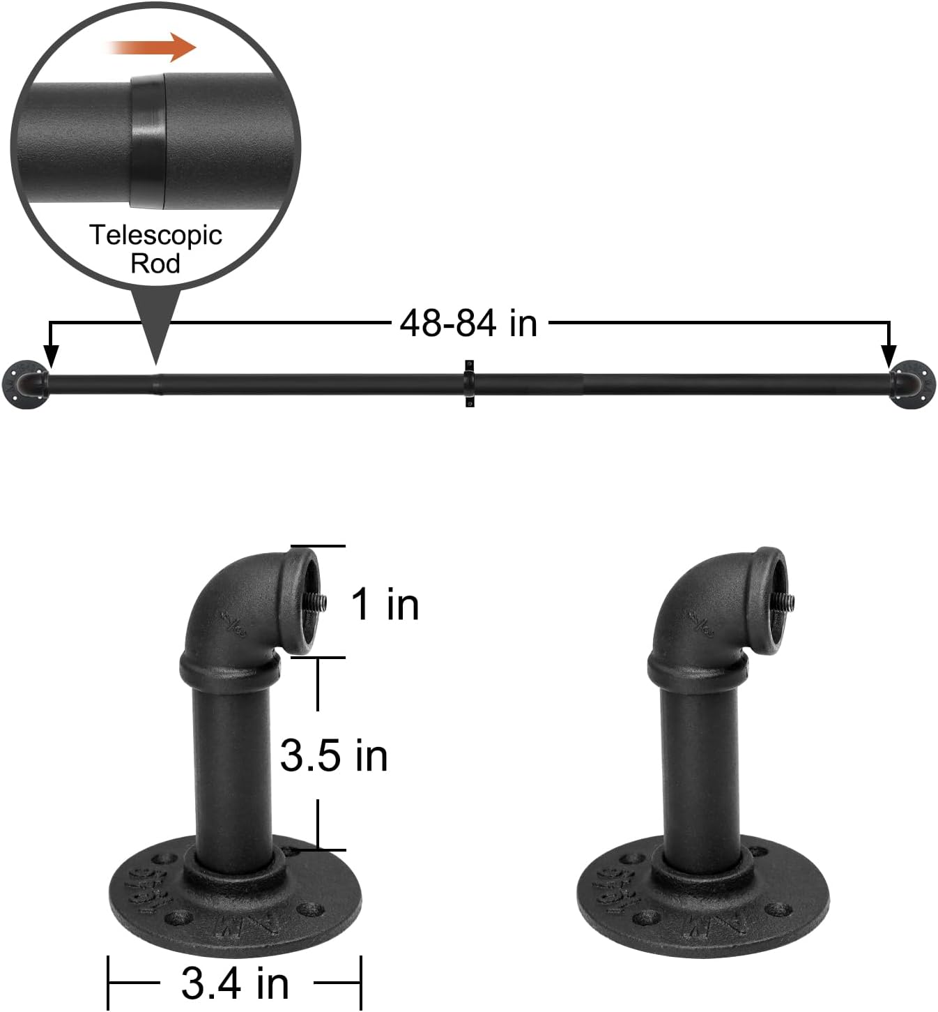 Refrze Curtain Rods for Windows 48 to 84 Inch, 1"Black Curtain Rod Industrial Wrap Around,Adjustable Heavy Duty Blackout Curtain Rods for Ceiling,Bedroom,Outdoor Patio