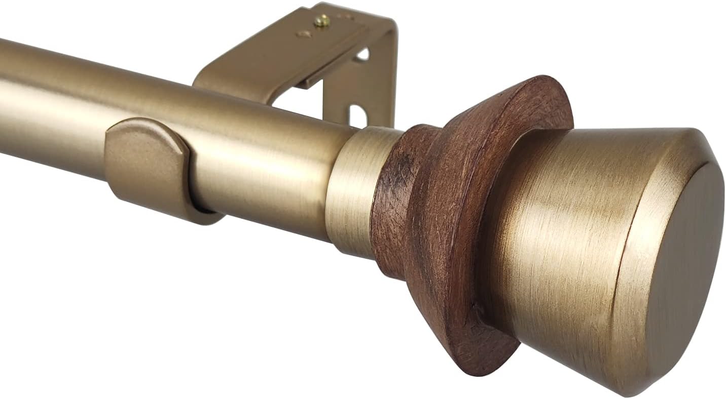 Modern Style Single Curtain Rod Set with Antique Brass Round Wood Look Finial, 36-72 in, Standard Single Whtie Drapery Rod for 1 Pack, 1 in diameter, Adjustable Length
