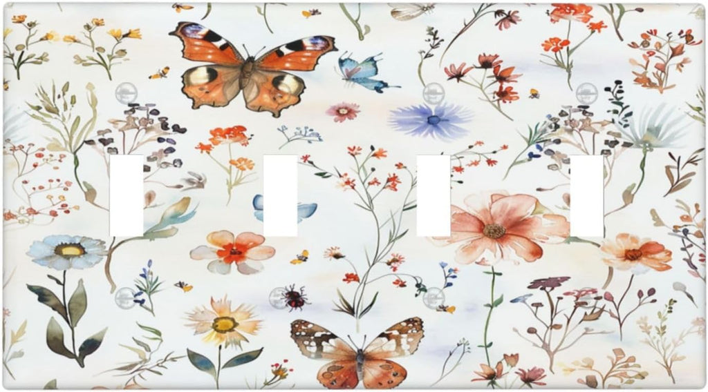 Light Switch Covers Butterfly Floral Boho Multicolor Flower Leave Quad Toggle Electrical Faceplate 4 Gang Wall Plate Decorative Switch Plates for Bed Room living Room Decor