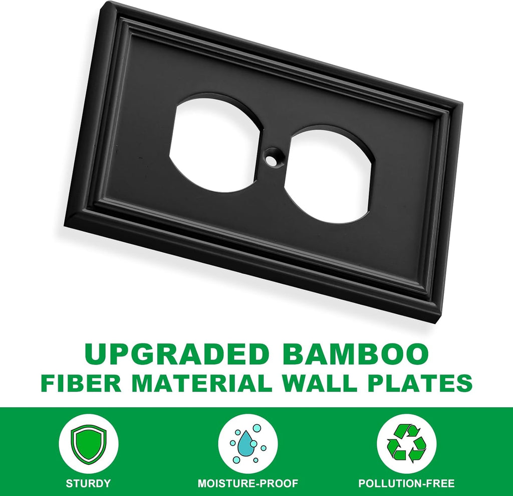 Black Modern Decorative Outlet Covers Wall Plate Electrical Switch Plates and Receptacle Outlet Covers Bamboo Fiber Material Wall Plates for Kitchen Bathroom (1 Gang Duplex Outlet-4 Pack)