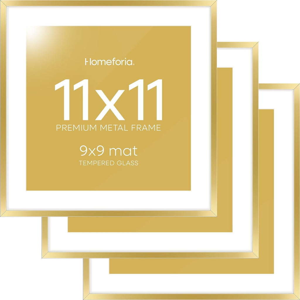Homeforia 11x11 Picture Frame Gold, High End Metal 11 by 11 Square Frames with Mat 9 x 9 Photo, 11by11 Thin Poster Frame Matted to 9x9 inch Art, Wall Hanging Frames, Tempered Glass, Wall Kit, Set of 3