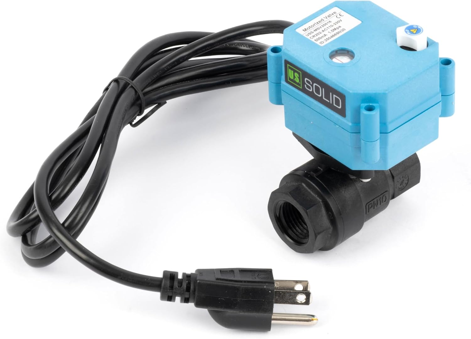 U.S. Solid 1/2” PPE Motorized Ball Valve with US Plug - Plastic Electrical Ball Valve, 2 Wire Auto Return, AC 110~230V, Normally Closed