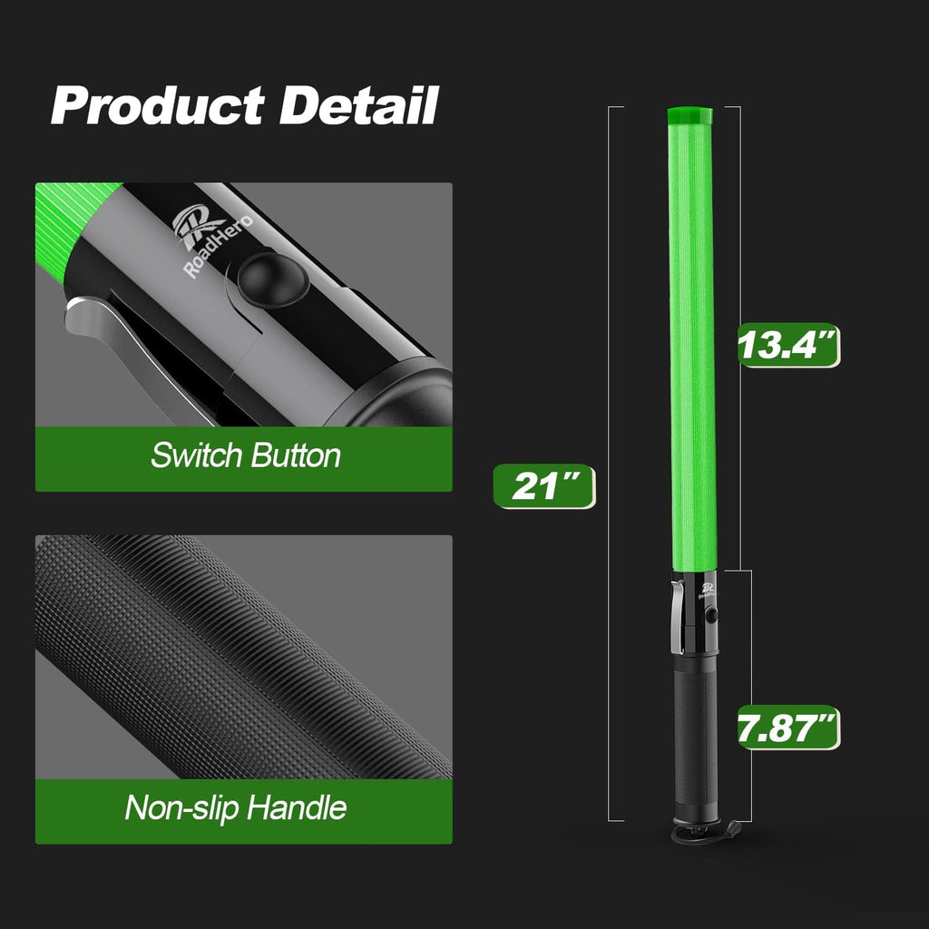 RoadHero 1 Pack 21 Inch Traffic Wands, Green Led Traffic Control Baton, Night Safety Light Wand with 2 Flashing Modes, Air Marshaling Signal Wand with Side Clip for Airport, Parking, Car Directing