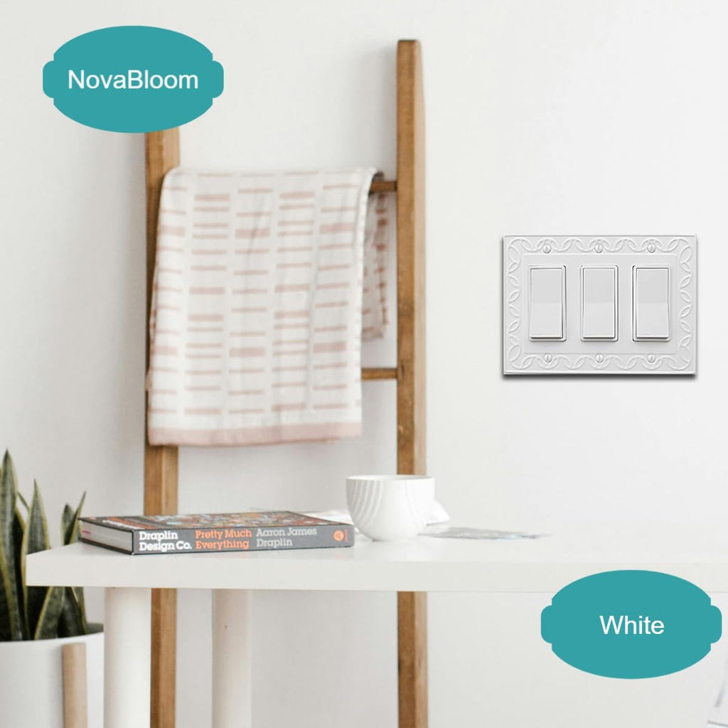 Triple Decorator Light Switch Cover NovaBloom Metal Wall Plate, 2-Pack White 3 Gang Triple Rocker, Receptacle Dimmer Switch Cover GFCI Outlet Decorative Wallplate, Durable