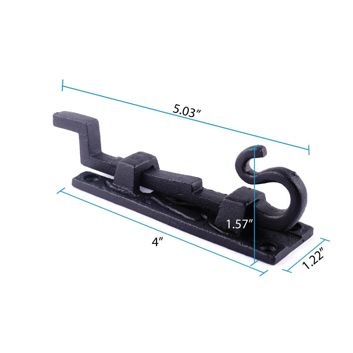 Renovators Supply Manufacturing Door Lock Latch 5 in. Black Wrought Iron Pig Tail Tip Styled Necked Offset Slide Bolt Latch with Mounting Hardware