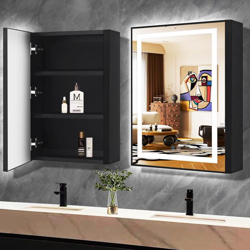 32 x 20 Inch Black Medicine Cabinet Mirror with Lights, 3 Color Lights, Memory Adjustable Brightness, Moisture Resistant, Bathroom
