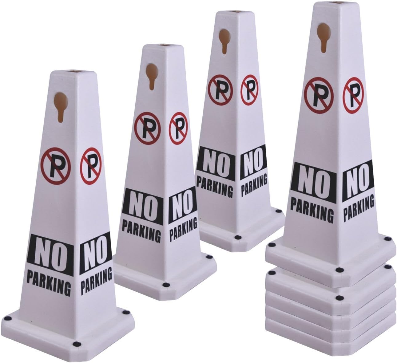 26.5" Caution Cones, 4-Sided Visible Safety Signs with Heavy Rubber Base, Warning for Slip & Fall Prevention, Indoor/Outdoor Use (8, No Parking-White, 26.5 inch)