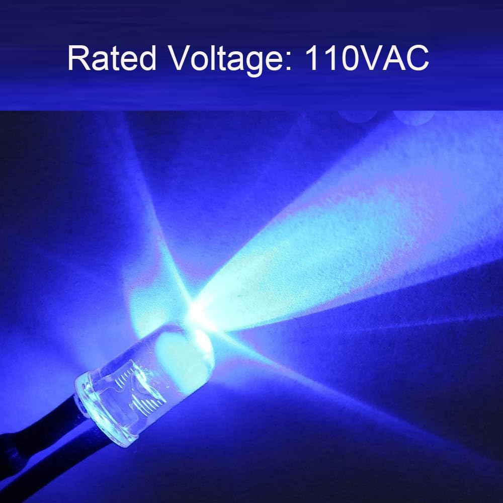 50pcs 110VAC 5mm Blue LED Lights Emitting Diodes, Prewired 7.9 Inch V LED Light Diffused Colored Lens Small LED
