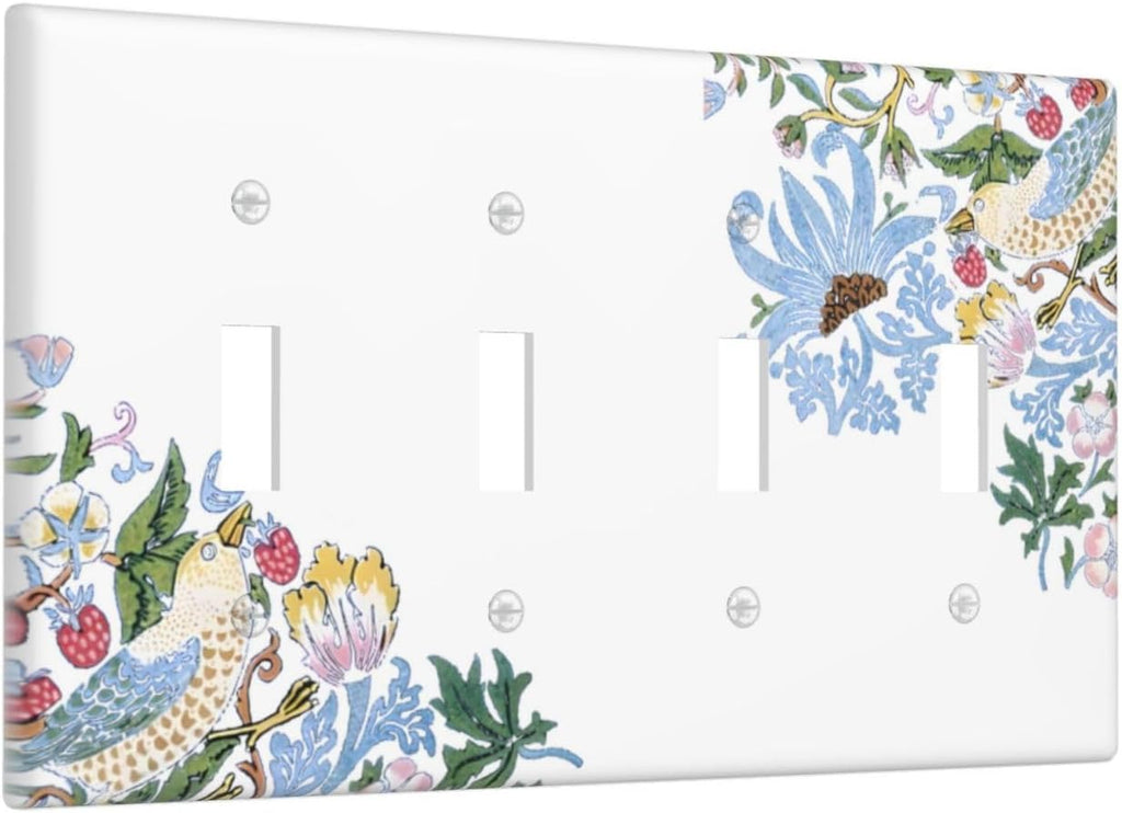 Decorative Light Switch Cover Plate Retro Morris Strawberry Rustic Plant Bird 4 Gang Wall Plate Oversized Quad Toggle Switch Cover Plate Jumbo Faceplate for Bedroom Decor