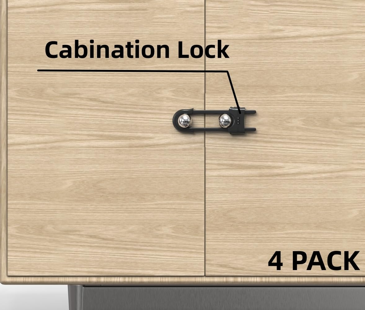 4 Pack Child Proof Sliding Cabinet Door Code Locks Baby Safety Cupboard Locks Adjustable U Shaped Cabinet Latches for Knob Handle Drawers Closet (4 PCS, Grey)