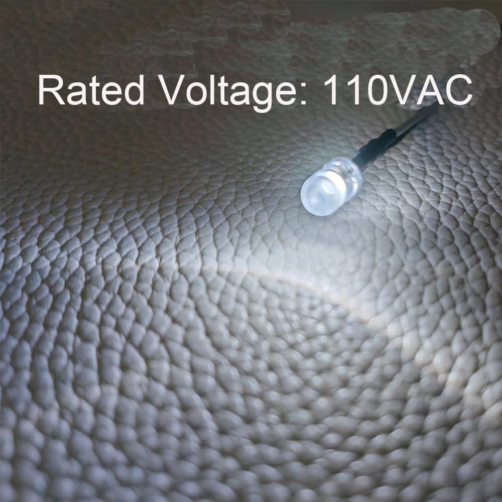 50pcs 110VAC 5mm White LED Lights Emitting Diodes, Prewired 7.9 Inch V LED Light Diffused Colored Lens Small LED