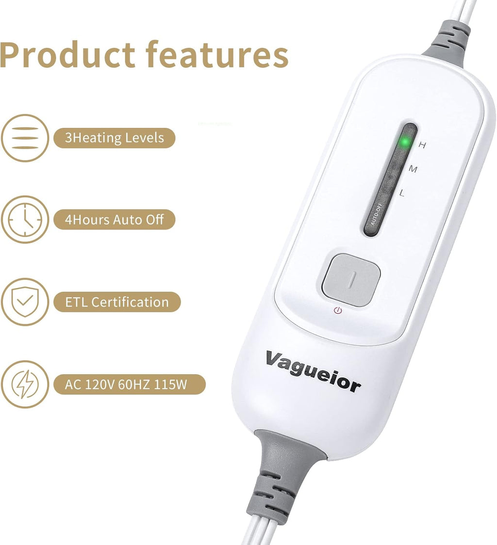 Vagueior Electric Heated Blanket Full Size 50'' x 60'',Extra-Warm Lightweight Cozy Luxury Electric Blanket Machine Washable with 3 Heating Levels Auto-Off Machine Washable,ETL Certification - Beige