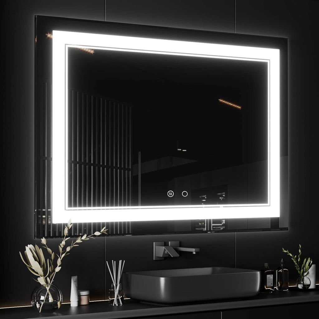 COOL2DAY LED Mirror for Bathroom,55x36 Inch Lighted Bathroom Vanity Mirror with Lights, Double Light Strips, 3 Colors, Shatter-Proof, Anti-Fog and Brightness Memory