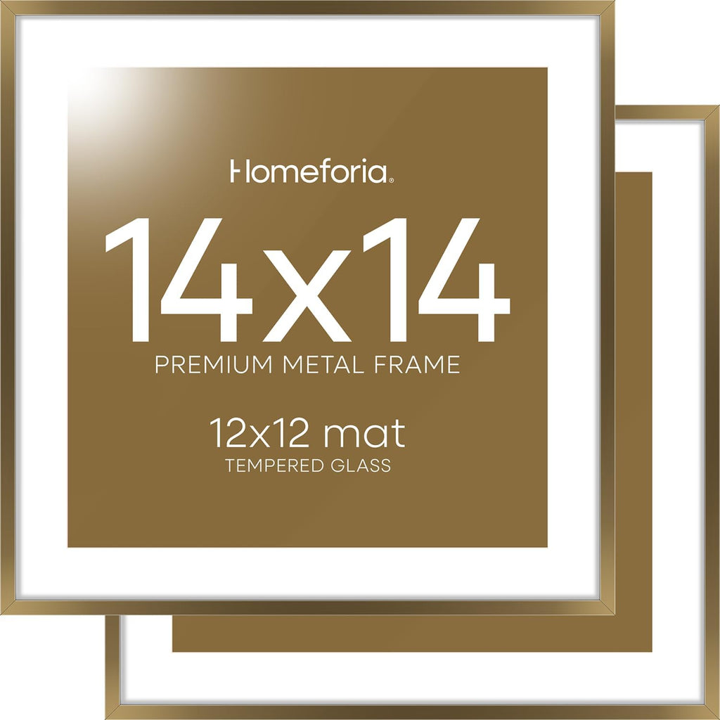 Homeforia 14x14 Picture Bronze Frame, High End Metal 14 x 14 Square Poster Frame with Mat 12 x 12 Photo, 14x14 Brass Frame Matted to 12x12 Print, 14by14 Thin Frames, Tempered Glass, Wall Kit, Set of 2