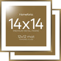 Homeforia 14x14 Picture Bronze Frame, High End Metal 14 x 14 Square Poster Frame with Mat 12 x 12 Photo, 14x14 Brass Frame Matted to 12x12 Print, 14by14 Thin Frames, Tempered Glass, Wall Kit, Set of 2