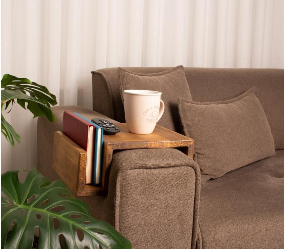 Wooden Couch Arm Tray – Sofa Armrest Table with Book & Magazine Holder, Perfect for Coffee & Remote Control, Solid Wood (Cape Town)