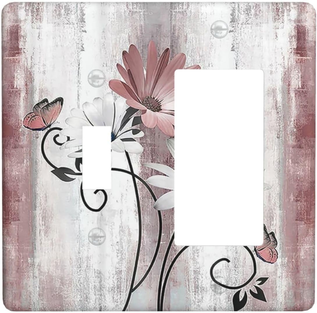 Outlet Covers Pink White Daisy Butterfly Wood Grain 1 Toggle 1 Rocker Combination Decorative Wall Plate Electrical Switch Plates Light Switch Cover Plate for Farmhouse Bathroom Decor