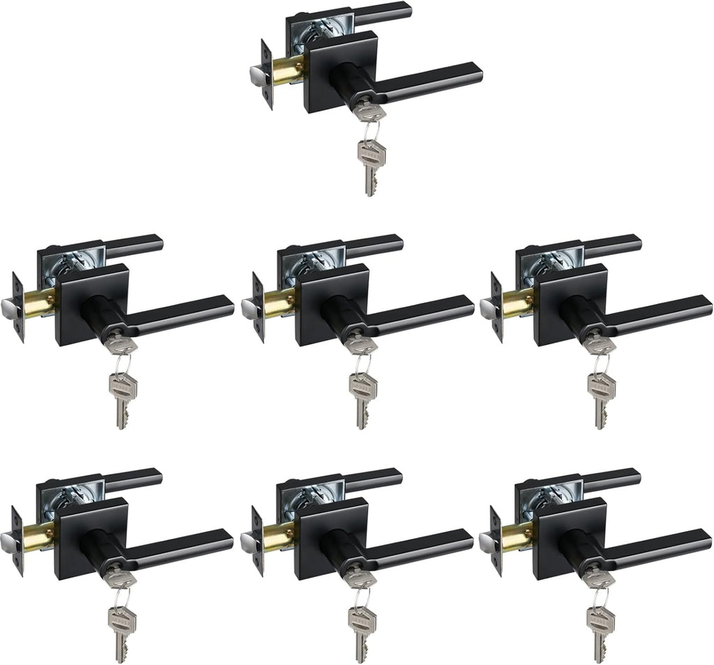 Keyed Entry Door Lever with Lock, Heavy Duty Square Interior Handle for Front Door and Office, Matte Black, Reversible for Right&Left Handed, 7Packs