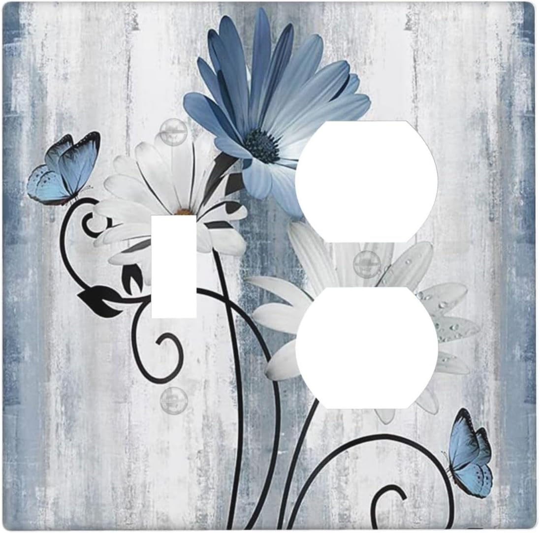 Decorative Outlet Covers Rustic Blue White Daisy Ink Flower 2 Gang Light Switch Cover Plate Single Toggle Duplex Wall Plates for Electrical Outlets Switch Plate Covers for Bedroom Home Decor