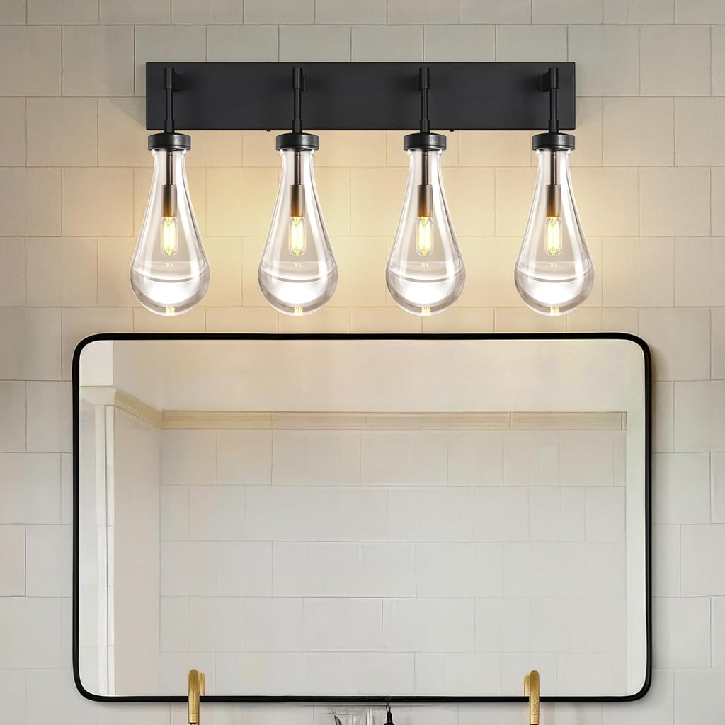 Raindrop Wall Sconces Black Crystal Sconces Wall Decor Modern Lighting Glass Bathroom Sconces Indoor Vanity Light Wall Lamp for Bedroom Living Room Stair(4-Light)