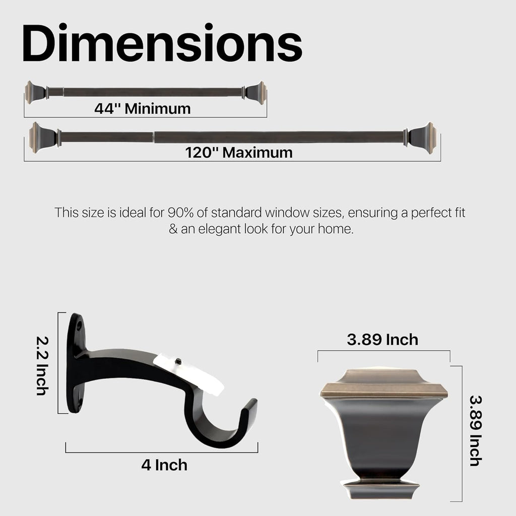 Deco Window Adjustable Curtain Rod for Windows 44 to 120 Inch (Pack of 1) Extendable Heavy Duty 1 Inch Iron Drapery Pole with Finials Wall Mounted French Door Curtain Rods (Bronze)