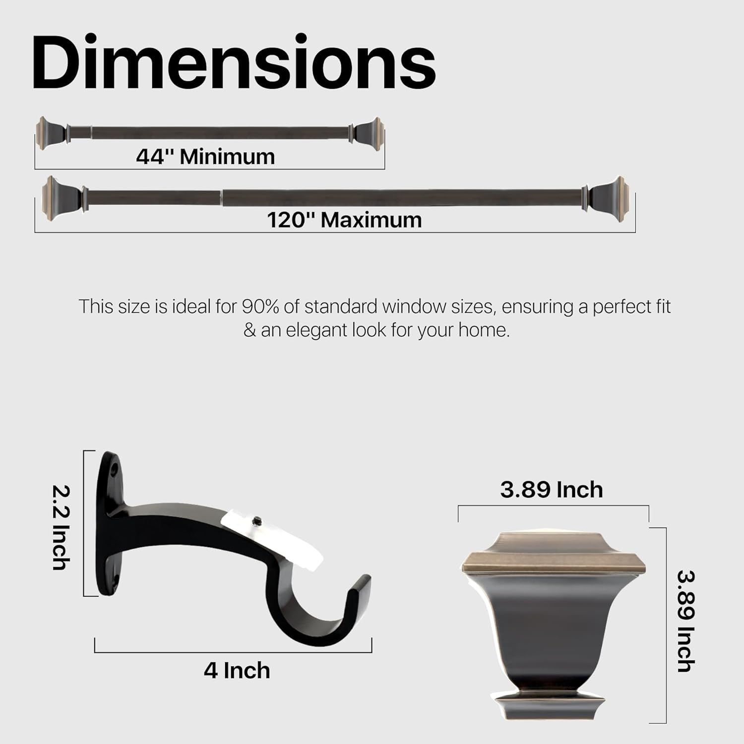 Deco Window Adjustable Curtain Rod for Windows 44 to 120 Inch (Pack of 1) Extendable Heavy Duty 1 Inch Iron Drapery Pole with Finials Wall Mounted French Door Curtain Rods (Bronze)