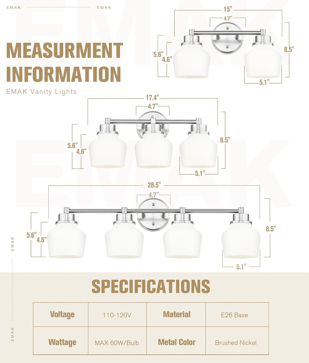 Emak Brushed Nickel Bathroom Light Fixtures Over Mirror, Modern 29 Inch Milk Glass Vanity Light, 4-Light Wall Sconces for Bathroom, Mirror, VL122-BN-ML-4
