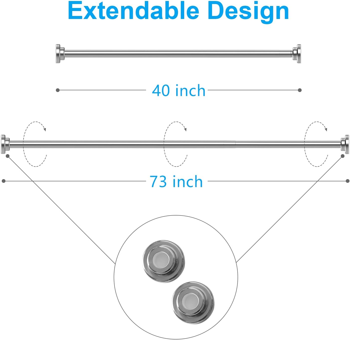 TEECK Shower Curtain Rod, 40-73 inch Adjustable Tension Spring, Premium Stainless Steel, Anti-Slip, No Drilling, No Rust, Never Collapse, for Bathroom, Easy to use