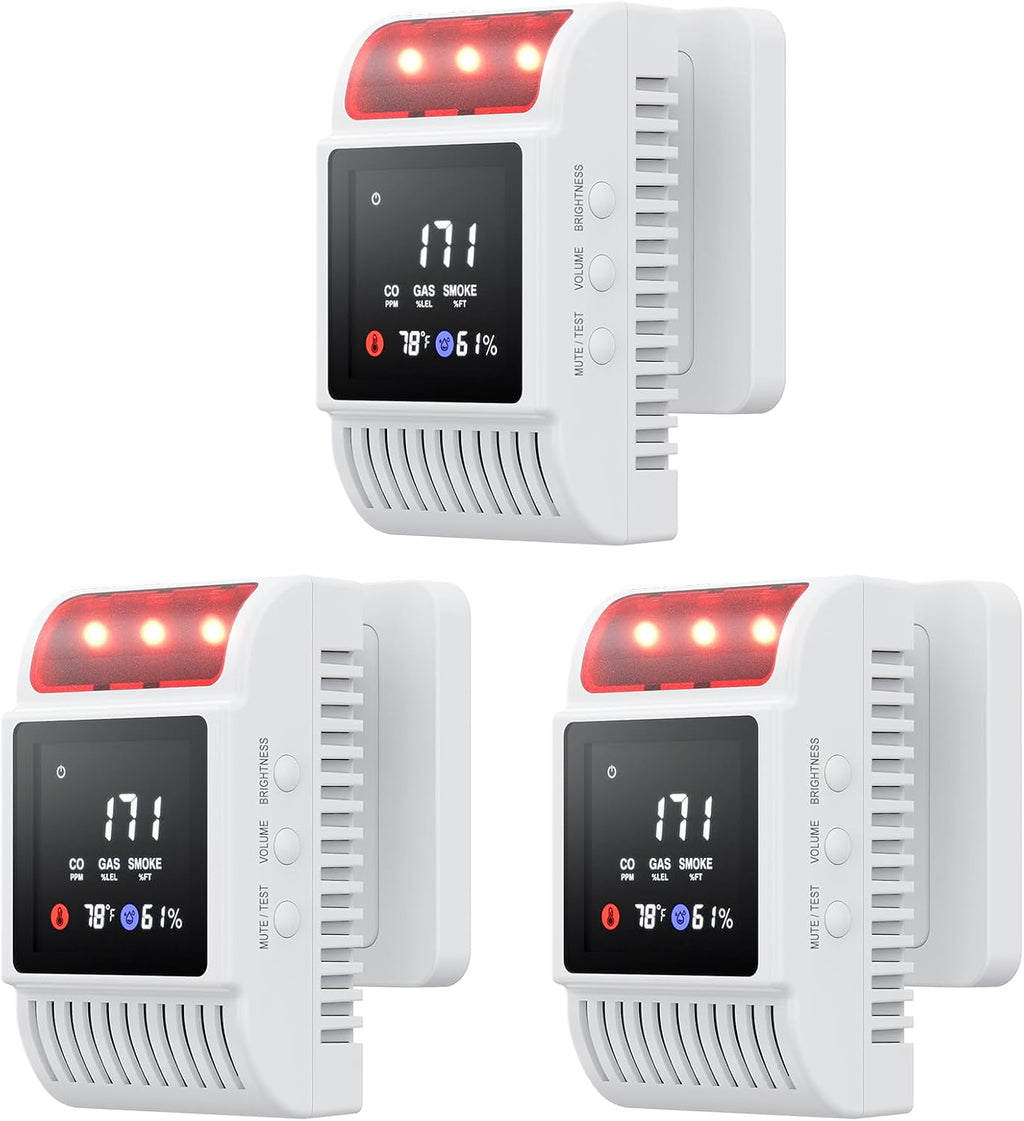 Carbon Monoxide Detectors & Gas Detector, Smoke and Carbon Monoxide Detector Battery Backup with Temperature Humidity Detection, Fire Alarms Smoke Detectors Adjustable Brightness & Sound 3 Pack
