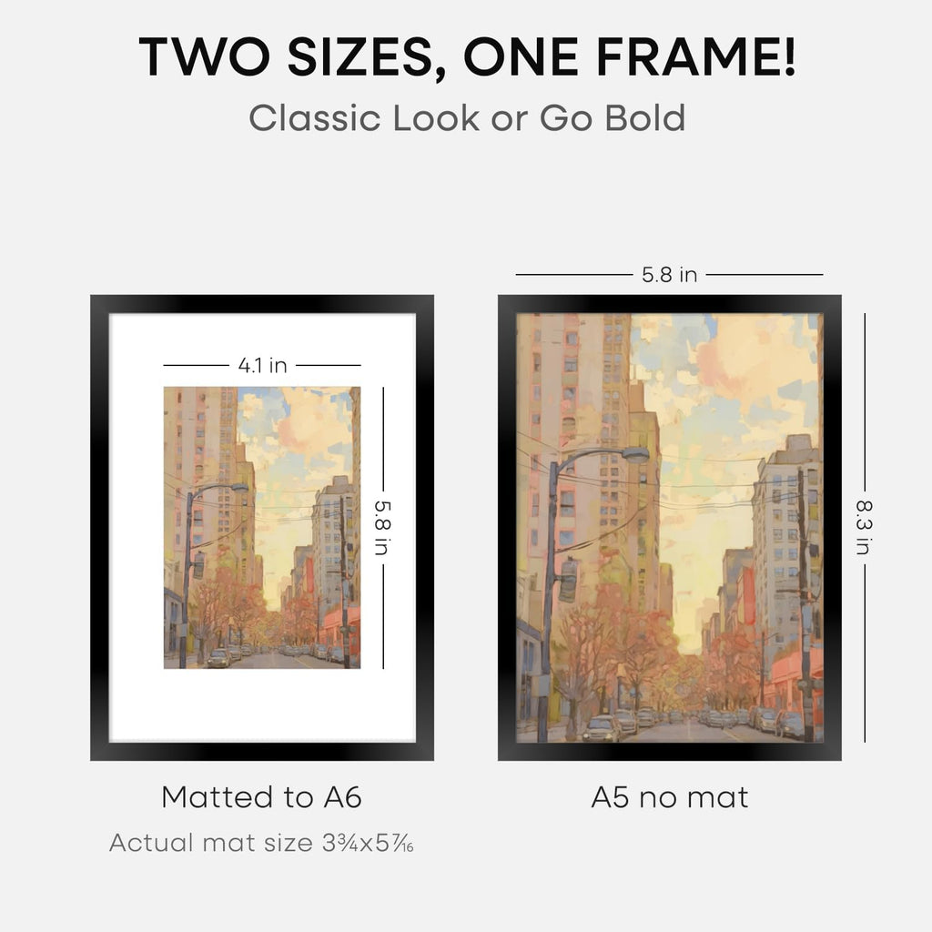 Homeforia A5 Picture Frame Black, High End Metal 5.8x8.3 Frames Matted to 4.1x5.8 Print, A5 Photo Frame with Mat A6, 5.8 x 8.3 Poster Frame, 8.3x5.8 Display Frames, Tempered Glass, Wall Kit, Set of 4